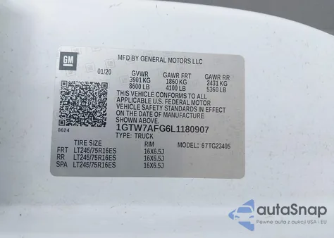 2020 GMC Savana Cargo Rwd 2500 Regular Wheelbase Work Van z USA, uszkodzony, nr VIN 1GTW7AFG6L1180907